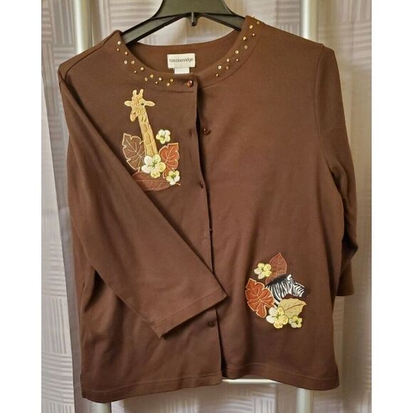Breckenridge Brown XL Long Sleeve Crew Neck Button Embroidered Giraffe Cardigan - Picture 5 of 7